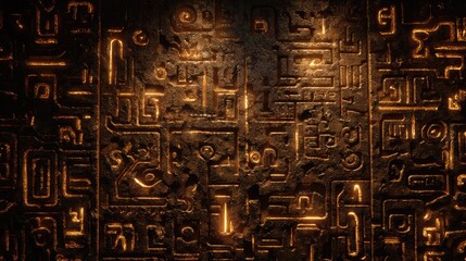 intricate and glowing patterns are embedded on a textured, dark stone surface, reminiscent of ancient hieroglyphs or futuristic technology