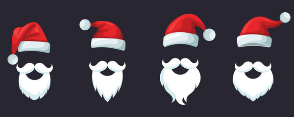 Set of Santa Claus hats. Red Santa hats with beard and mustache. Vector.