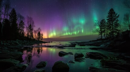 a vibrant display of the Northern Lights dancing across the night sky, reflecting beautifully on the water below