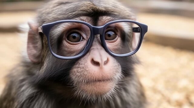 A curious monkey wearing eyeglasses looks at the camera in a natural outdoor setting, with a blurred background.