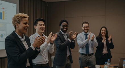 Diverse Business Professionals Clapping in Conference Room. Team Success & Appreciation.