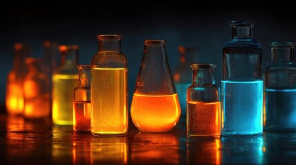 Laboratory glassware, including several bottles filled with colorful liquids