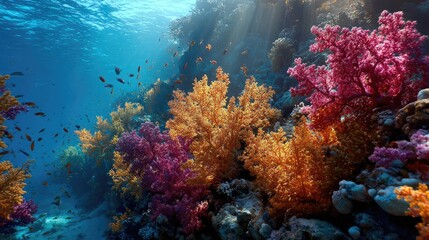 Fototapeta premium vibrant underwater scene featuring colorful coral reef and fish. The sun's rays illuminate the scene, creating a mesmerizing ambiance.
