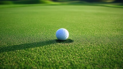A bright white golf ball rests on a lush green golf course. The foreground is dominated by the vibrant green grass, while the background features rolling hills and a dark, shadowy tree line. 