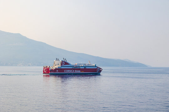 Corsica Linea ferry at sea with mountain backdrop Italy, Bastia, 10.6.2025