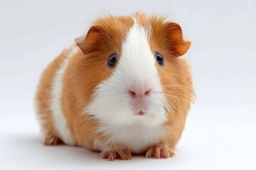 Orange and white guinea pig sitting on white background.