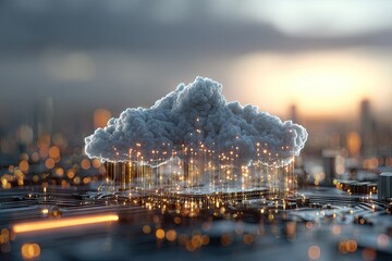 Cloud computing concept with glowing data connections over a futuristic city at sunset.