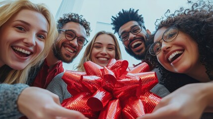 Five diverse friends are smiling broadly and laughing while holding a large, red gift bow. They are positioned close together, creating a sense of camaraderie and excitement. 