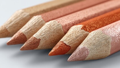 Close-up of several sharpened colored pencils.  A selection of warm, muted shades of pink and orange