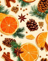 Festive Winter Spice: A Seamless Pattern of Citrus, Cinnamon, and Holly