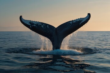 Naklejka premium Whale Tail Fluke Emerging from Ocean During Sunset with Calm Water and Soft Light