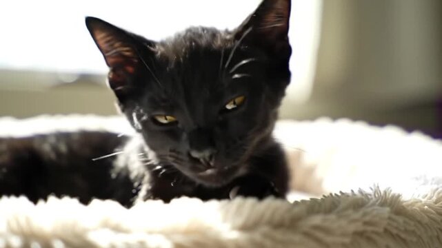 The bleck kitten is licking its paw on the bed.