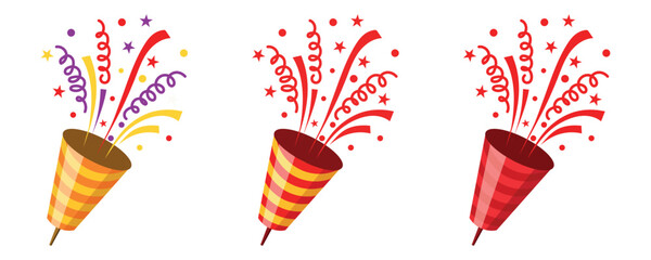 Set confetti party popper icon, fireworks logo, cap, flat design. Vector illustration isolated on white background