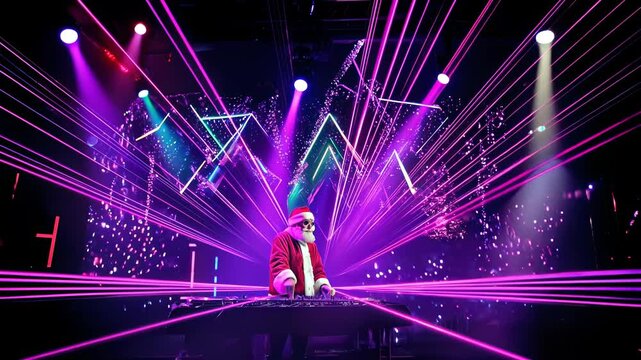 Santa Claus spins electrifying beats as a DJ in a neon-lit nightclub, bringing festive energy, dancing crowds, and vibrant party vibes to life.