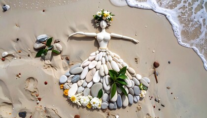 Design texture made with stones, plants and flowers on sea sand