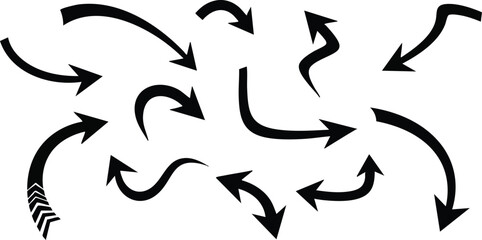 A collection of black arrows pointing in various directions, including curved, straight, and wavy designs, on a white background.
