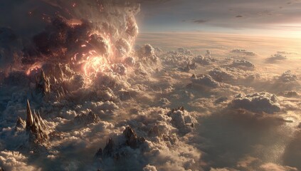 Epic mountain ranges pierce a fiery, swirling cloud vortex above