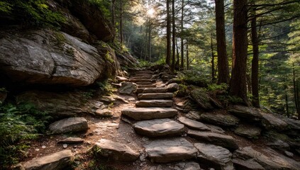 Sunlit stone steps ascend through a dense forest