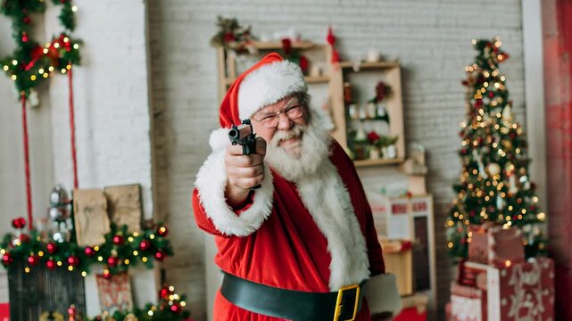 Evil Santa Claus points a gun directly at the camera, creating a tense and shocking holiday scene, perfect for thriller, horror, or dark Christmas-themed projects.