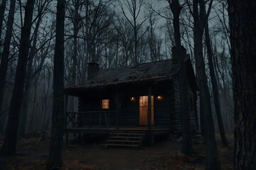 Obraz premium Dark Forest Cabin with Warm Lights in Dense Woods at Night