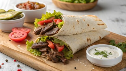 Flavorful Classic Beef Shawarma Wrap Filled With Juicy Marinated Beef Creamy Garlic Sauce And Tangy Pickled Vegetables Served As A Popular Middle Eastern Street Food Favorite