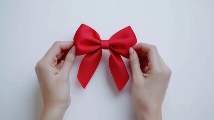 Two hands are gently holding a large, red satin bow. The hands are light-skinned and appear to belong to a young adult. The bow is centered in the frame, with the hands positioned above it. 