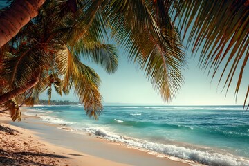 Fototapeta premium Palm trees frame a sandy beach with gentle waves and clear blue water.