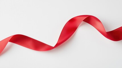 A vibrant red satin ribbon gracefully curves across a stark white background. The ribbonâ€™s smooth surface reflects light, creating subtle highlights and shadows that accentuate its form. 