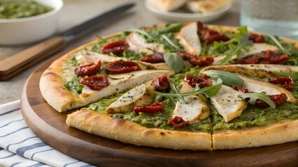 Savory Classic Chicken Pesto Pizza Topped With Juicy Chicken Tender Sun Dried Tomatoes And Fresh Peppery Arugula Creating A Flavorful Italian Inspired Gourmet Delight
