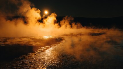A surreal, dreamlike landscape of hot springs at night illuminated by a full moon