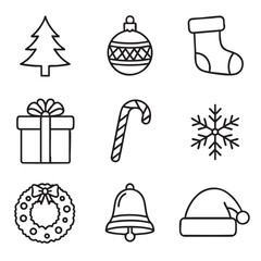 Christmas outline set – tree, ornament, stocking, gifts, candy cane, snowflake, wreath, bell, hat