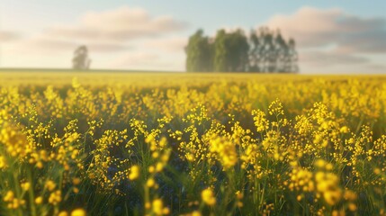 A picturesque landscape of mustard flowers swaying gently in the breeze, with a distant tree line on the horizon.