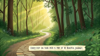 Winding Path Through a Sunlit Green Forest Illustration.