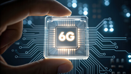 6g chip held by hand with glowing circuit lines representing advanced network technology innovation and futuristic communication