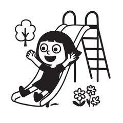 Black and White Cartoon of a Child Sliding Down Playground Slide -Joyful Outdoor Illustration