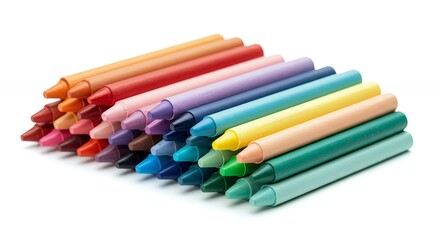 Fototapeta premium Vibrant Stack of Colorful Crayons on White Background for Art, Creativity, and Childhood