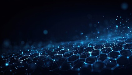 Futuristic hexagonal network structure with glowing nodes and particles.