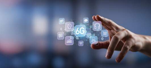6g network technology innovation with digital interface icon, human hand interacting with futuristic wireless communication