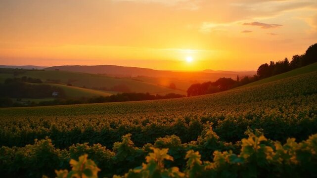 Sunset illuminating lush vineyard in Saint-Emilion France