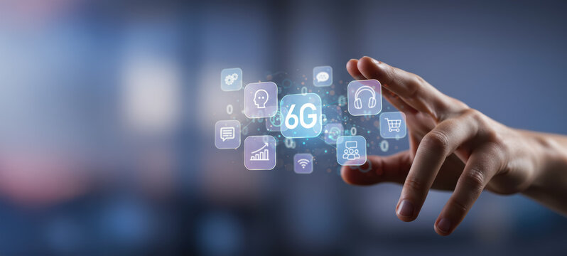 6g network technology innovation with digital interface icon, human hand interacting with futuristic wireless communication