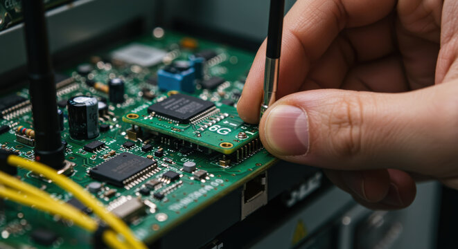 6g network circuit board installation with hand adjusting microchip, advanced technology, innovation, close up, electronic device