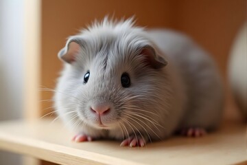 Obraz premium Fluffy gray guinea pig sitting on wooden surface.