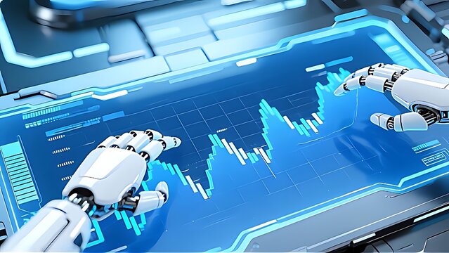Robotic hands operating futuristic digital screen displaying financial graph and data, symbolizing artificial intelligence in market analysis and technological innovation.
