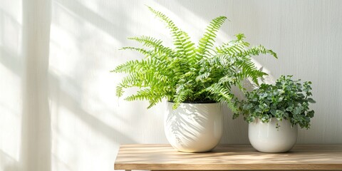 Two potted plants sit on a wooden shelf against a white wall. A fern with vibrant green fronds is in a large, white ceramic pot on the left. 