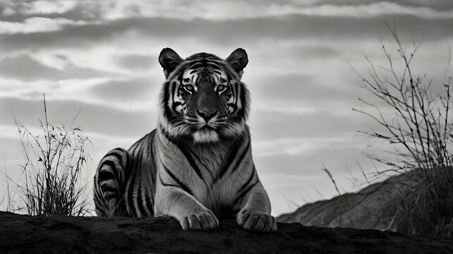 Black and White Tiger Cub Resting on Rock in Natural Environment - Powered by Adobe