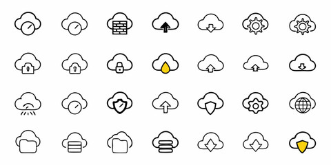 Modern cloud computing icons representing data storage, security, and networking solutions for businesses