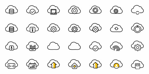 Cloud computing icons showcasing data networking, security, and modern technology solutions for business innovation