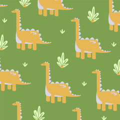 green brontosaurus dinosaur  seamleass pattern cartoon vector design fullprint fabric for kids apparel © Rizki