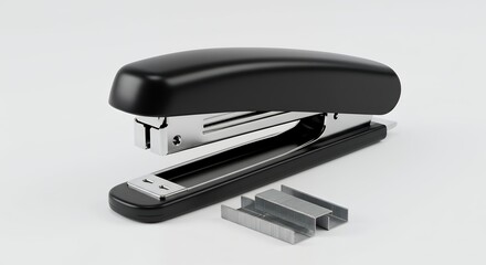 Modern Black Stapler and Metal Staples Isolated on White Background