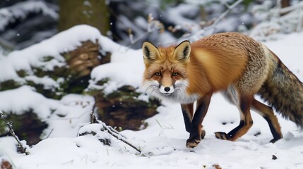 A red fox cautiously stepping through a snow-covered forest, its fur blending with the winter landscape
